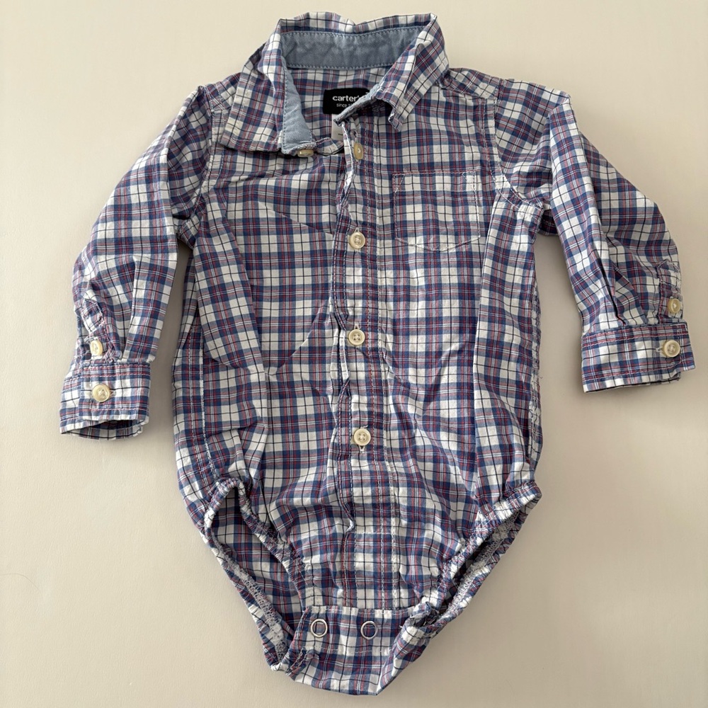 Carters Plaid Long Sleeve Baby Bodysuit Red White Blue